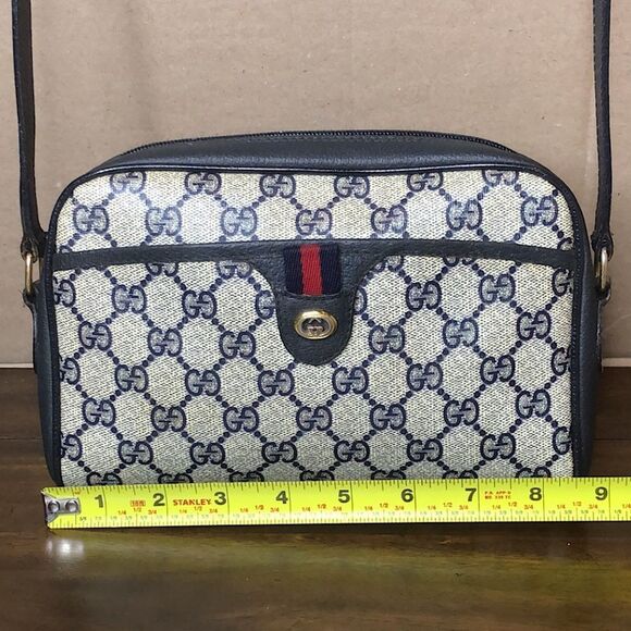 GUCCI GG Ophidia Sherry Line Navy Leather Grey Canvas Crossbody Bag Vintage - Picture 11 of 17
